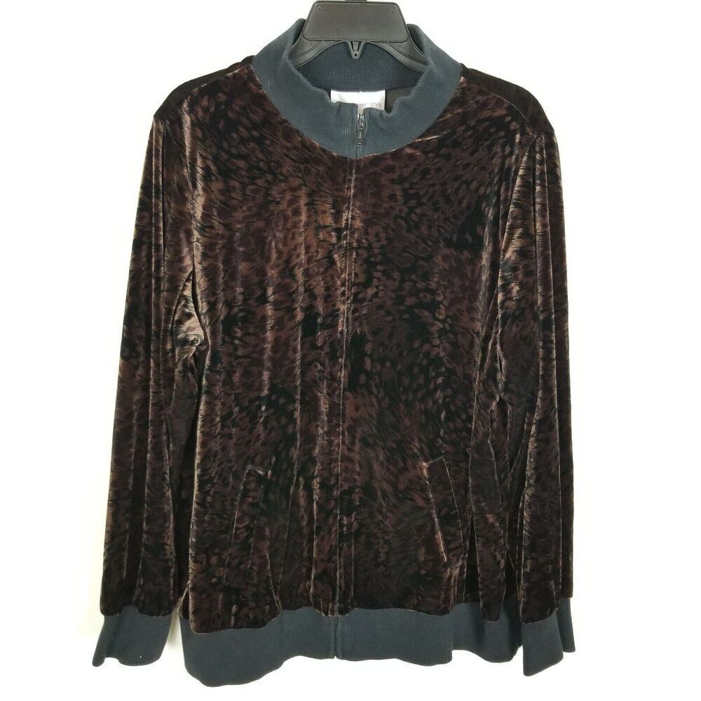 Susan Graver Women Animal Print Velvet Jacket Size XL Brown Zip Up